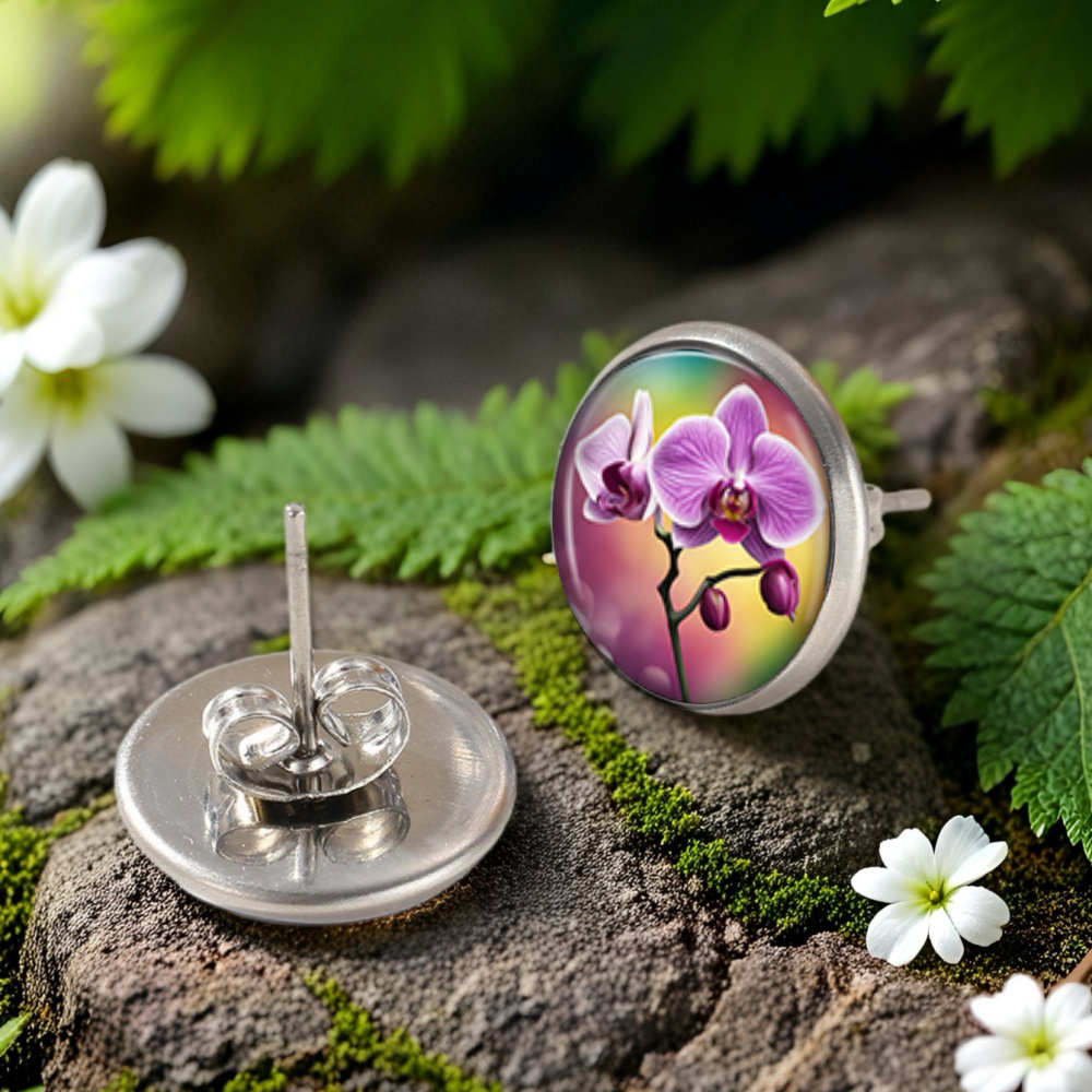 Enchanting Purple Butterfly Orchids Picture Round Earrings